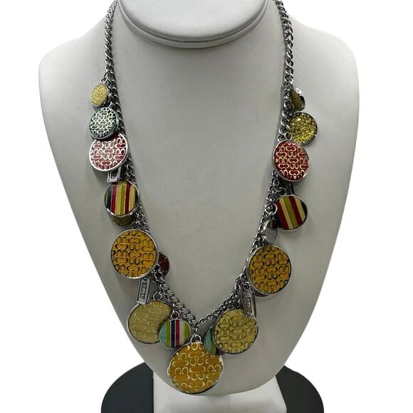 COACH Vintage Yellow Pink Red Enamel Logo Charms Silver Tone Long Chain Necklace - Picture 1 of 11